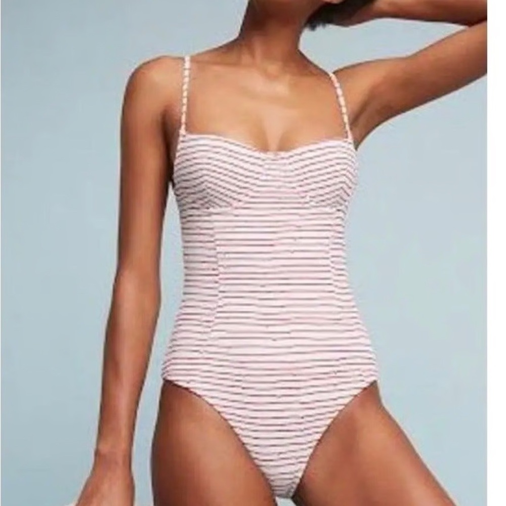 Anthropology Onia Pinkish-red and White Striped One-Piece Swimsuit